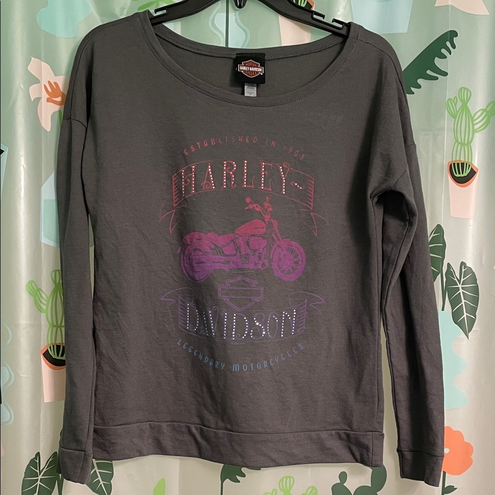 Women’s Harley-Davidson Gray Sweatshirt with Pink & Purple Motorcycle Graphic